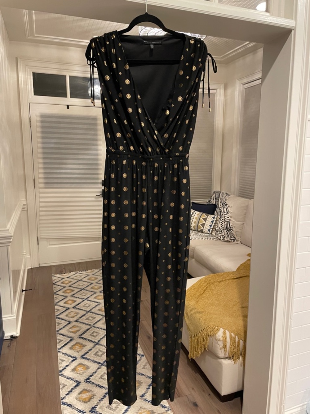 White House Black Market Black Jumpsuit with Gold Dot Print